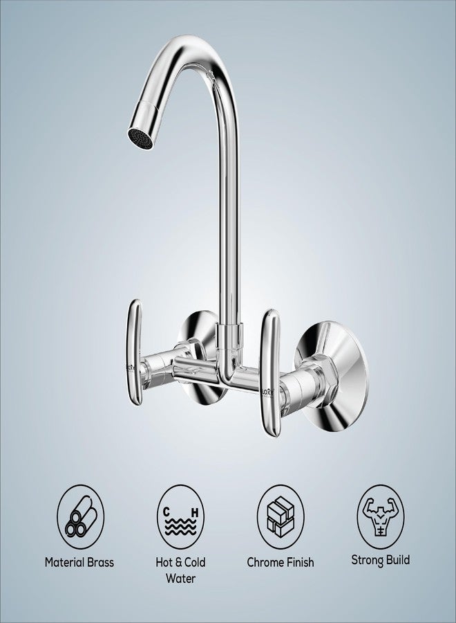 Gloxy Premium Brass 2 in 1 Hot & Cold Water Mixer Faucet with 360° Swivel Spout - Chrome Finished Heavy Wall Mount Faucet with Imperial Levers for Bathroom & Kitchen - 10 Years Warrenty - Image 3